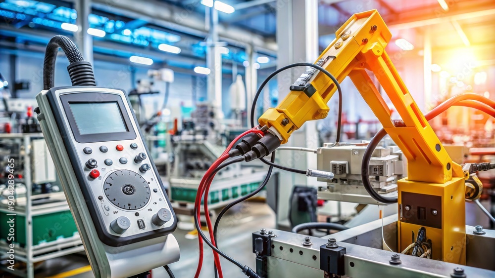 Digital multimeter in focus on microchip of automation robotic arm machine at factory, tools and wires surrounding, high-tech industrial equipment in blurred background. Digital multimeter in focus on microchip of automation robotic arm machine at factory, tools and wires surrounding, high-tech industrial equipment in blurred background.