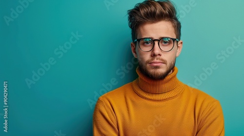 Capture a man with glasses and a sweater, posed in front of a photo, against a bright turquoise background, highlighting his vibrant and confident personality.