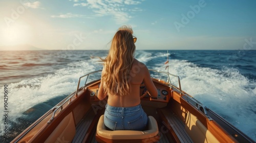 Rear back view of young woman driving a fast luxury wooden motorboat or speedboat on ocean water outdoors. Vacation travel adven photo