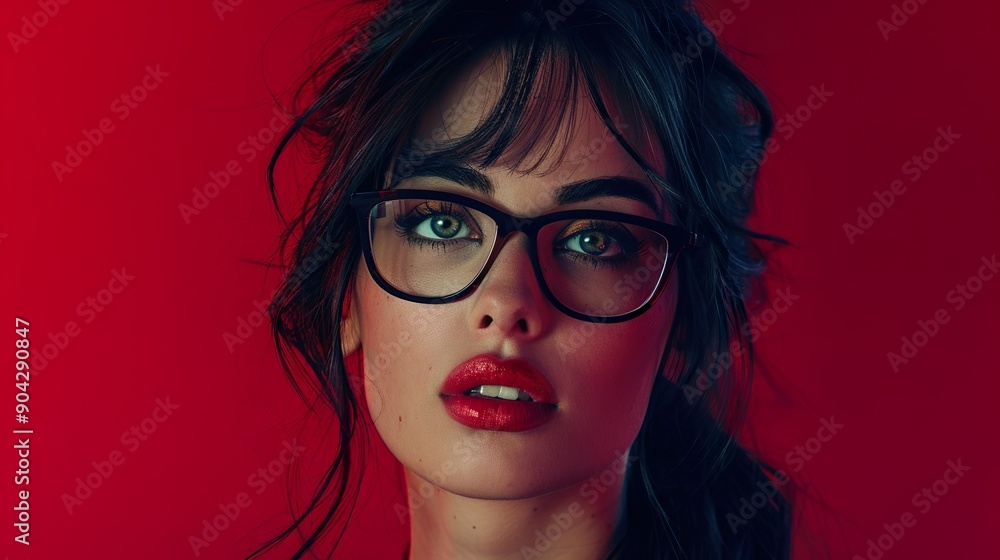 Capture a realistic scene of a young woman wearing black glasses, posed in front of a deep red background, her look confident and assertive. Capture a realistic scene of a young woman wearing black glasses, posed in front of a deep red background, her look confident and assertive.