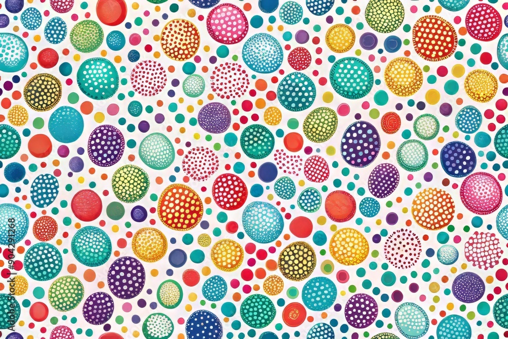 Vibrant seamless hand-drawn pattern featuring colorful dots in various sizes and shapes, creating a playful and whimsical abstract texture for fabric and apparel design.