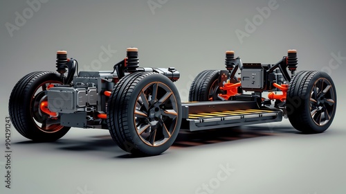 Futuristic electric vehicle chassis showcasing advanced engineering and design elements for modern automotive technology.