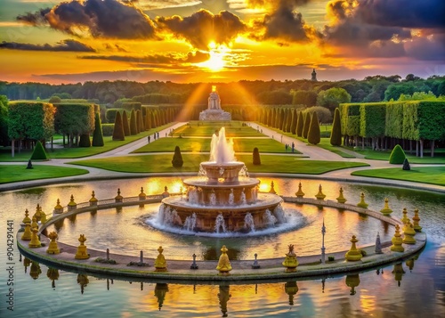 Warm sunset illuminates the majestic Latona fountain and lush greenery of Versailles park, casting a serene golden glow on the tranquil French landscape. photo