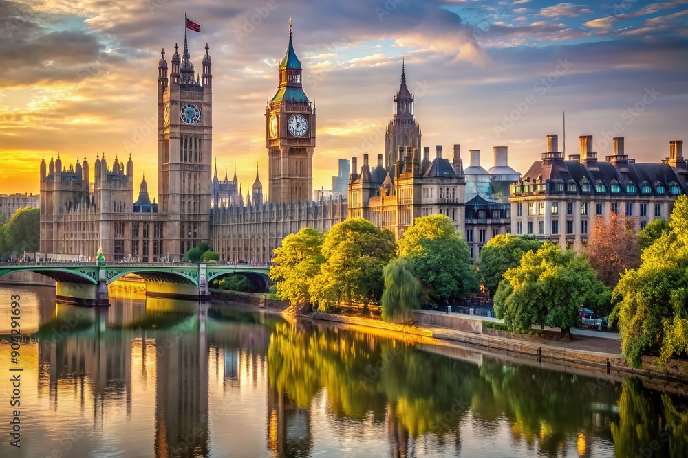 Iconic clock tower stands tall amidst majestic gothic architecture of historic government buildings, surrounded by lush greenery and serene River Thames in morning light. Iconic clock tower stands tall amidst majestic gothic architecture of historic government buildings, surrounded by lush greenery and serene River Thames in morning light.