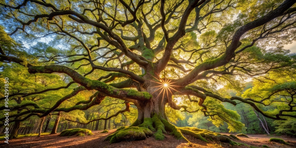 Ancient gnarled oak tree stretches towards the sky, its twisted branches and roots illuminated by warm sunlight filtering through the Swedish forest canopy. Ancient gnarled oak tree stretches towards the sky, its twisted branches and roots illuminated by warm sunlight filtering through the Swedish forest canopy.