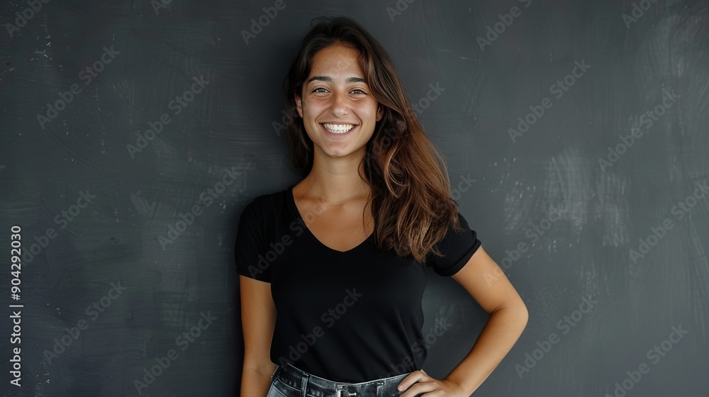 Create a realistic front view of a smiling woman with her hand on her hip, standing against a sleek charcoal gray wall Create a realistic front view of a smiling woman with her hand on her hip, standing against a sleek charcoal gray wall