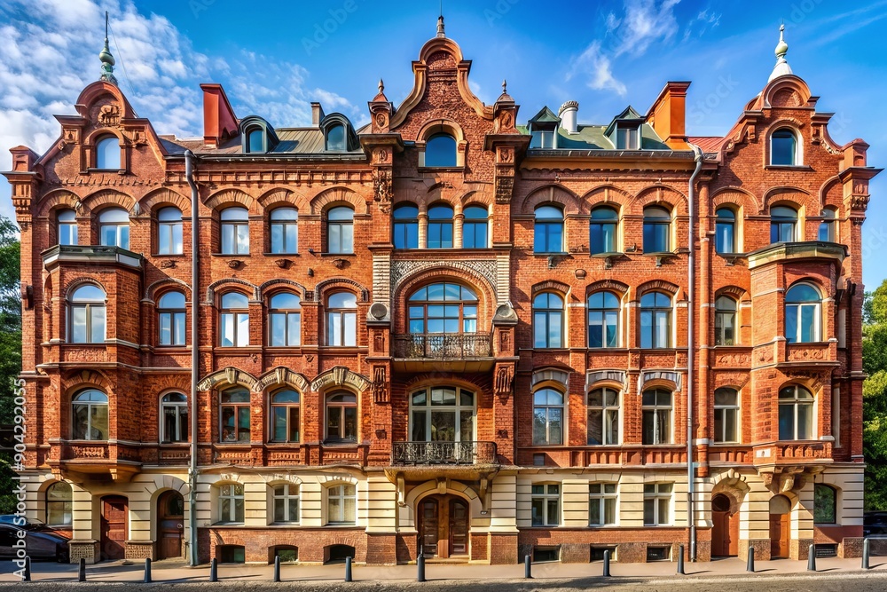 Historic red brick residential building with ornate facades, arched windows, and decorative cornices, built in early 20th century, located on Komsomolskaya street in Kaliningrad. Historic red brick residential building with ornate facades, arched windows, and decorative cornices, built in early 20th century, located on Komsomolskaya street in Kaliningrad.