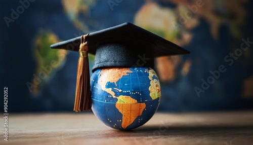 A graduation cap placed on top of a world globe, symbolizing study abroad and the concept of foreign students. Copy space available.