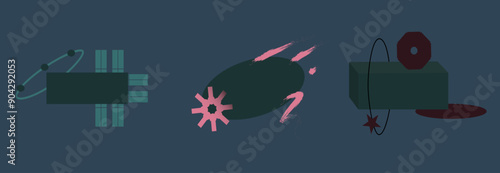 Brutalist illustration set with green, pink, and burgundy elements on dark blue background. Simple shapes like ovals and rectangles. Abstract modern art, minimalist vector design for contemporary deco