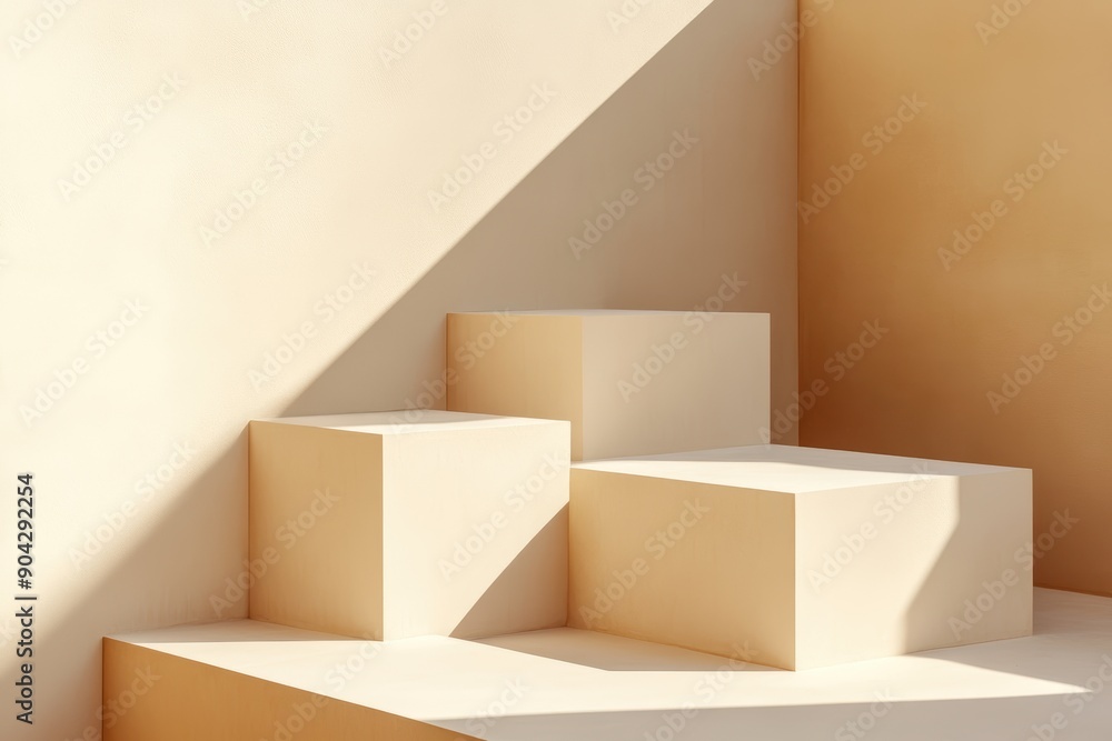 Sunlit beige cubes with dramatic shadows creating a striking visual effect. Sunlit beige cubes with dramatic shadows creating a striking visual effect.