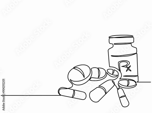 Continuous one line of a medicine bottle with pills and capsules, Cartoon Vector illustration hand drawn isolated on white background 