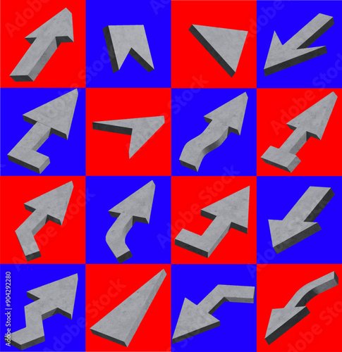 Brutalist sticker set with gray arrows on a vibrant red and blue background. Unique geometric designs, abstract modern art, and minimalist vector illustration perfect for contemporary decor.