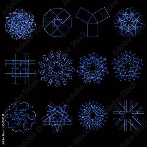 Brutalist sticker set with unusual blue and white shapes on a black background. Unique geometric designs, abstract modern art, and minimalist vector illustration perfect for contemporary decor.