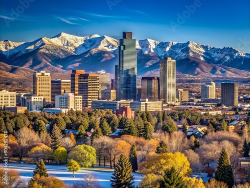 Panoramic view of snow-capped Rocky Mountains overlooking the urban landscape of Denver, Colorado, with distant skyscrapers and trees under a clear blue sky.