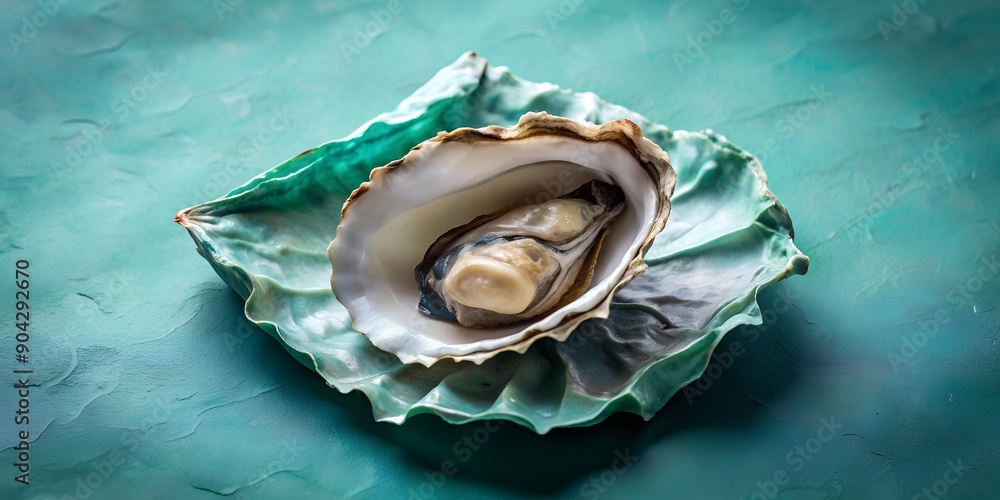 Naklejka premium Loosely wrapped oyster in deep teal and light grey paper Generative AI, packaging, food, comic style, seafood