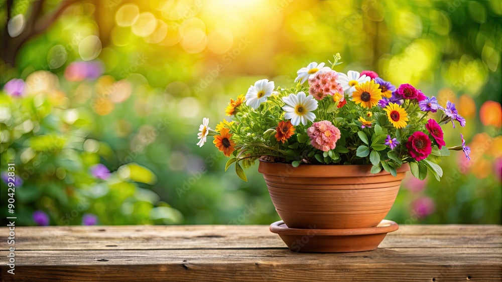 Blooming flowers in a clay pot on a wooden table in a garden, flower, blooming, clay pot, wooden table, garden, flora, nature Blooming flowers in a clay pot on a wooden table in a garden, flower, blooming, clay pot, wooden table, garden, flora, nature