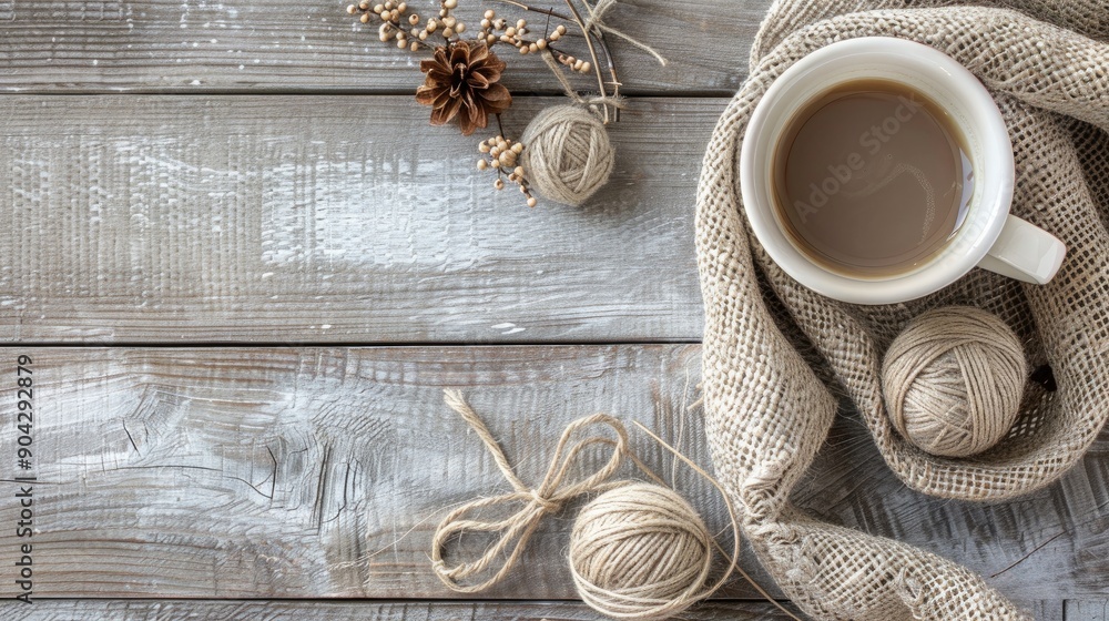 Burlap coffee mug twine and decorative balls on light gray wooden backdrop with text space Burlap coffee mug twine and decorative balls on light gray wooden backdrop with text space