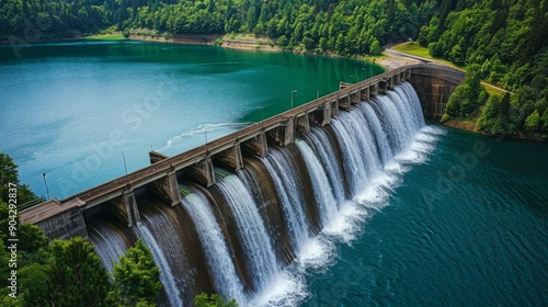 River or lake water dam wall architecture, industry reservoir renewable and sustainable energy technology