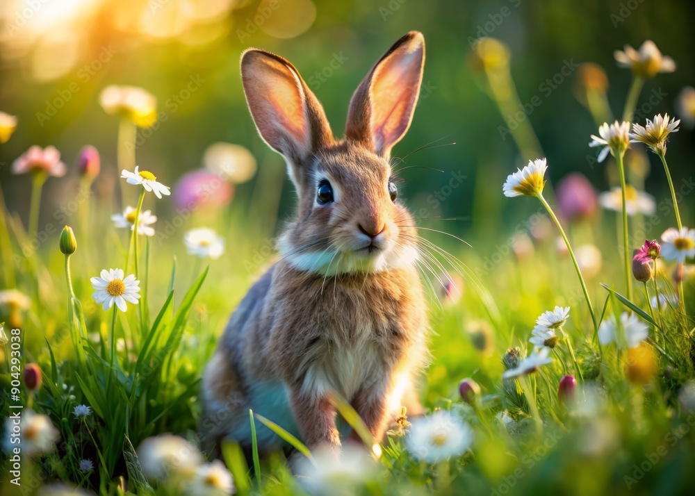 Adorable wild rabbit with fluffy white and brown fur hops through lush green meadow filled with vibrant flowers and tall grass on sunny day. Adorable wild rabbit with fluffy white and brown fur hops through lush green meadow filled with vibrant flowers and tall grass on sunny day.