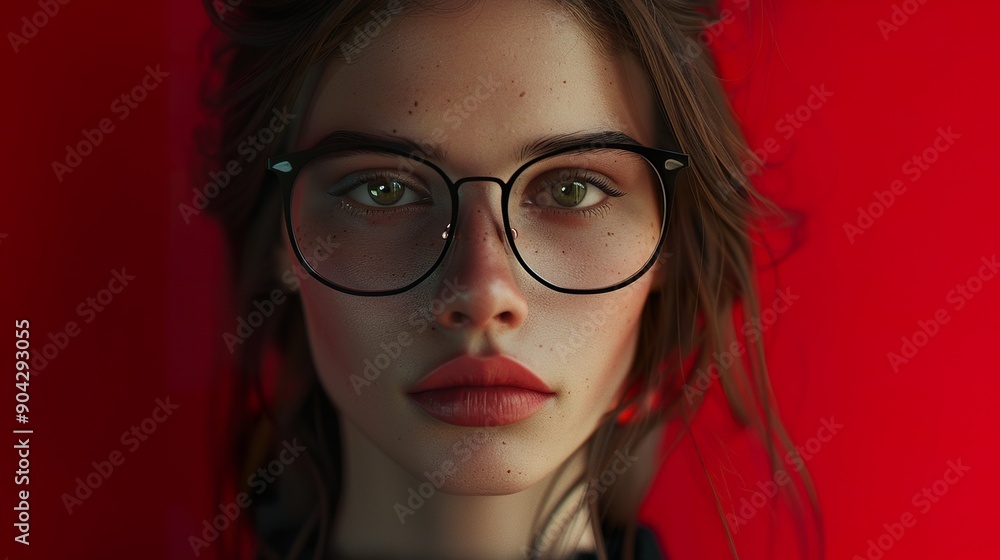 Fototapeta premium Create a realistic portrait of a young woman wearing black-framed glasses, with a rich red background enhancing her poised