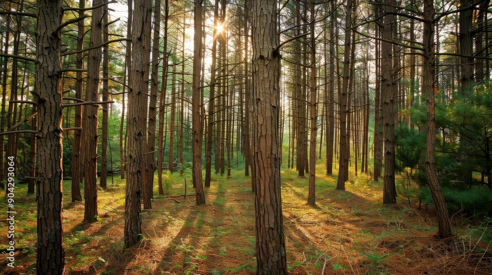 Obraz premium Sunlight Filtering Through a Pine Forest