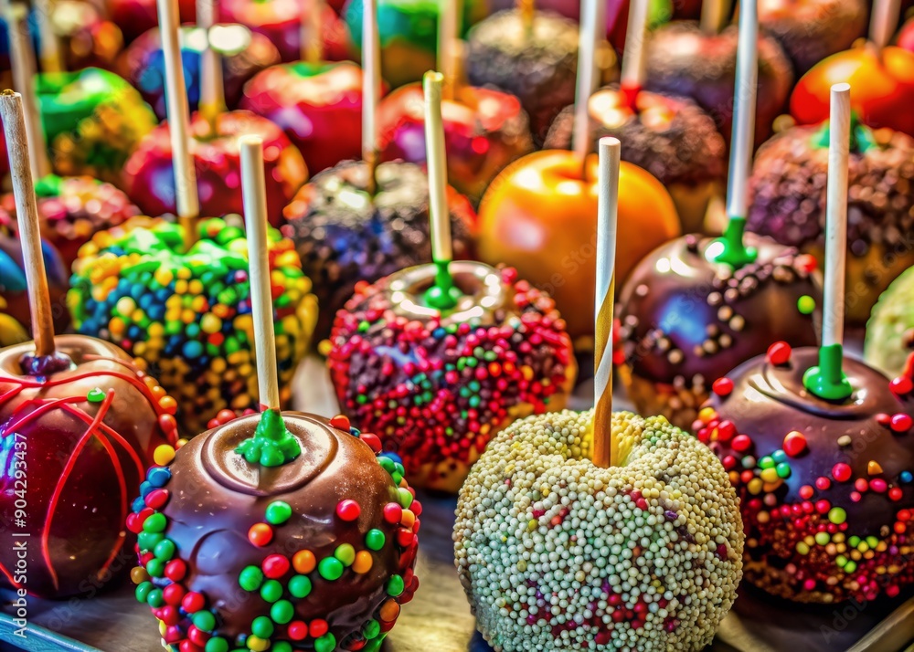 Fototapeta premium Colorful hand-drawn candy apples adorned with chocolate, caramel, and sparkly sprinkles, perfect for festive packaging, cards, fabrics, labels, posters, and holiday decorations.
