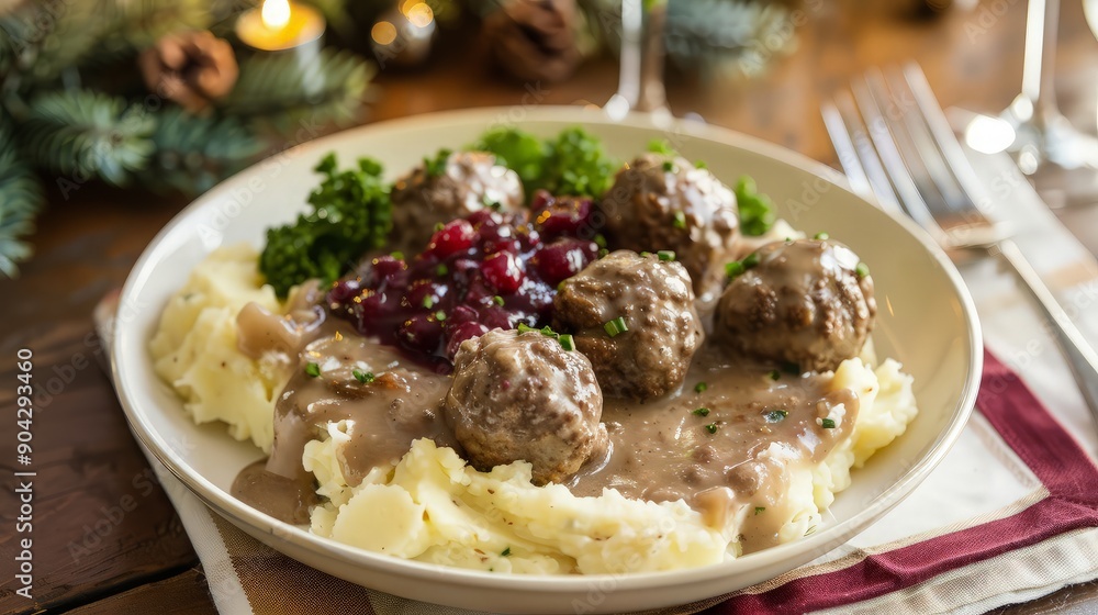 Swedish Meatballs with Mashed Potatoes, Cranberry Sauce and Gravy Swedish Meatballs with Mashed Potatoes, Cranberry Sauce and Gravy