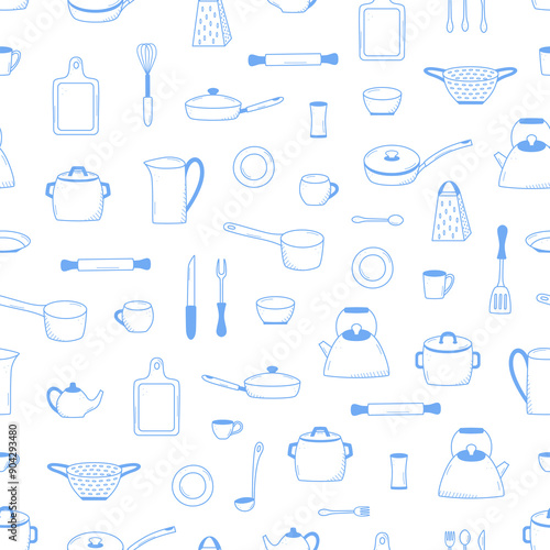 Seamless pattern of Kitchen tools and tableware doodle icon. Vector illustration set of elements cook. Background wallpaper.
