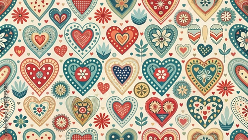 Whimsical vintage hand-drawn seamless pattern of cute retro hearts in Scandinavian design style, perfect for kids' room decor, nursery art, and various crafts.