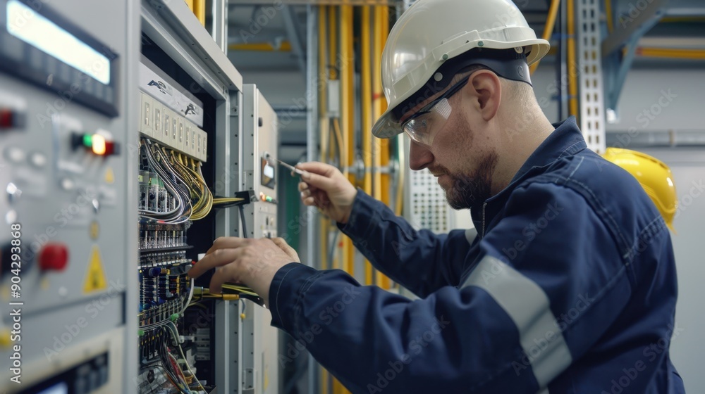 The electrician fixes control system The electrician fixes control system