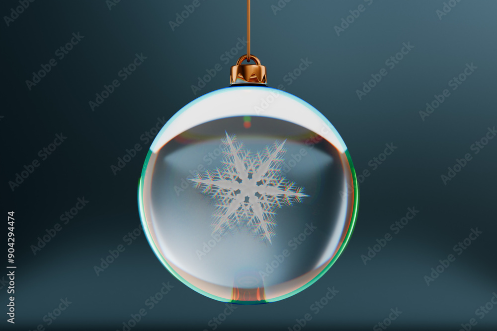 A decorative glass Christmas ornament with a snowflake inside, hanging against a dark background. 3d rendering A decorative glass Christmas ornament with a snowflake inside, hanging against a dark background. 3d rendering