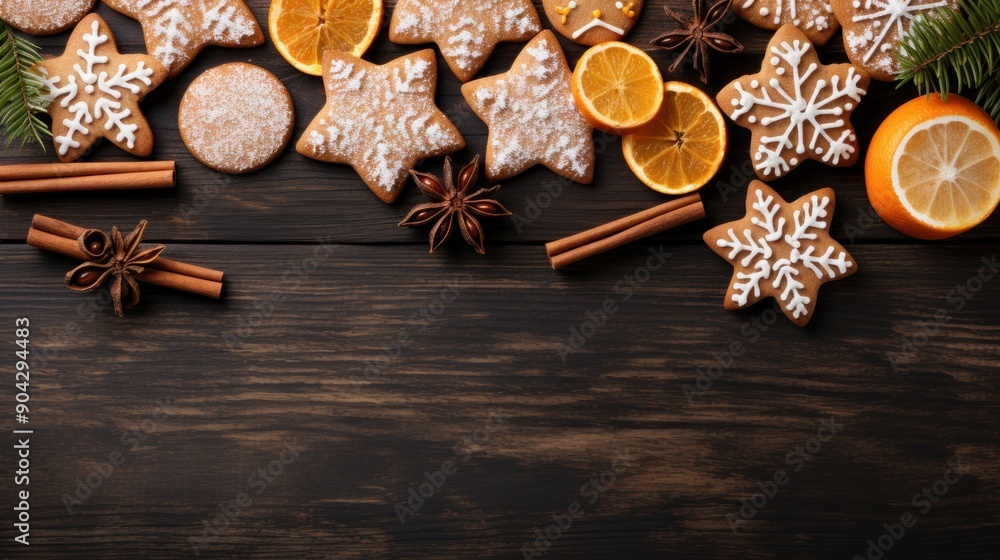 Fresh ginger cookies, spruce branches and citrus fruits on a dark background. Festive mood. Happy New Year concept Fresh ginger cookies, spruce branches and citrus fruits on a dark background. Festive mood. Happy New Year concept