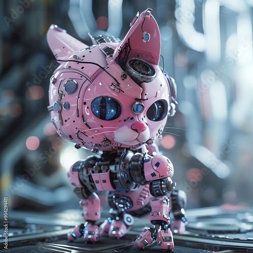 Futuristic pink robotic cat with mechanical components, standing in a sci-fi environment, showcasing advanced technology. photo