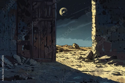 Mysterious desert ruins bathed in moonlight reveal a doorway to another world photo