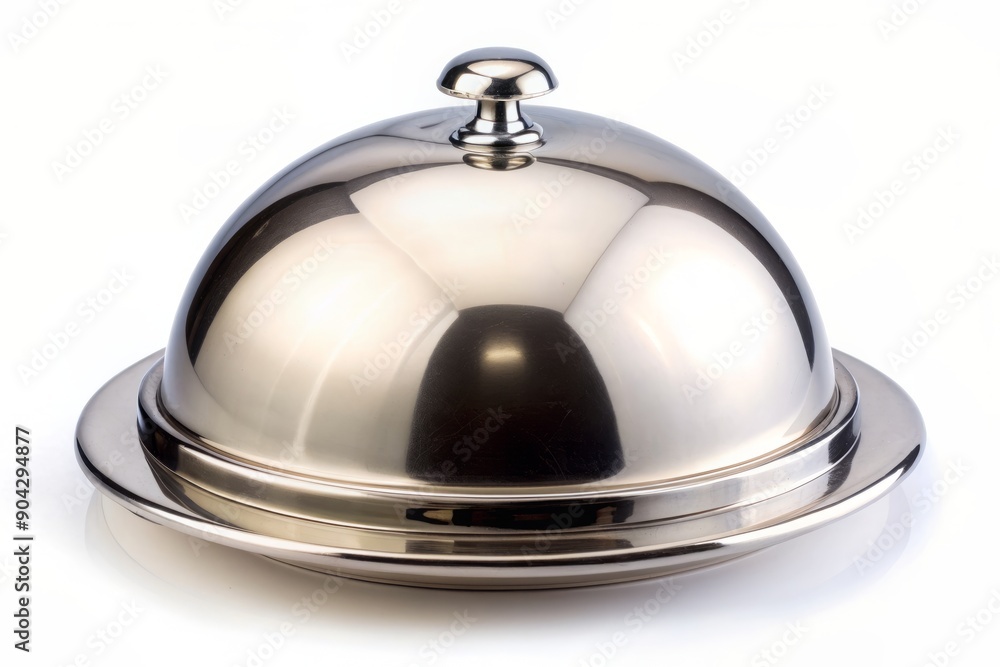 Polished silver cloche tray lid, elegantly designed to cover and protect gourmet dishes, sits alone on a pristine white background, awaiting culinary delights. Polished silver cloche tray lid, elegantly designed to cover and protect gourmet dishes, sits alone on a pristine white background, awaiting culinary delights.