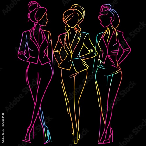 Stylized neon line drawing of three fashionable women in business attire, highlighting their elegance and confidence. photo