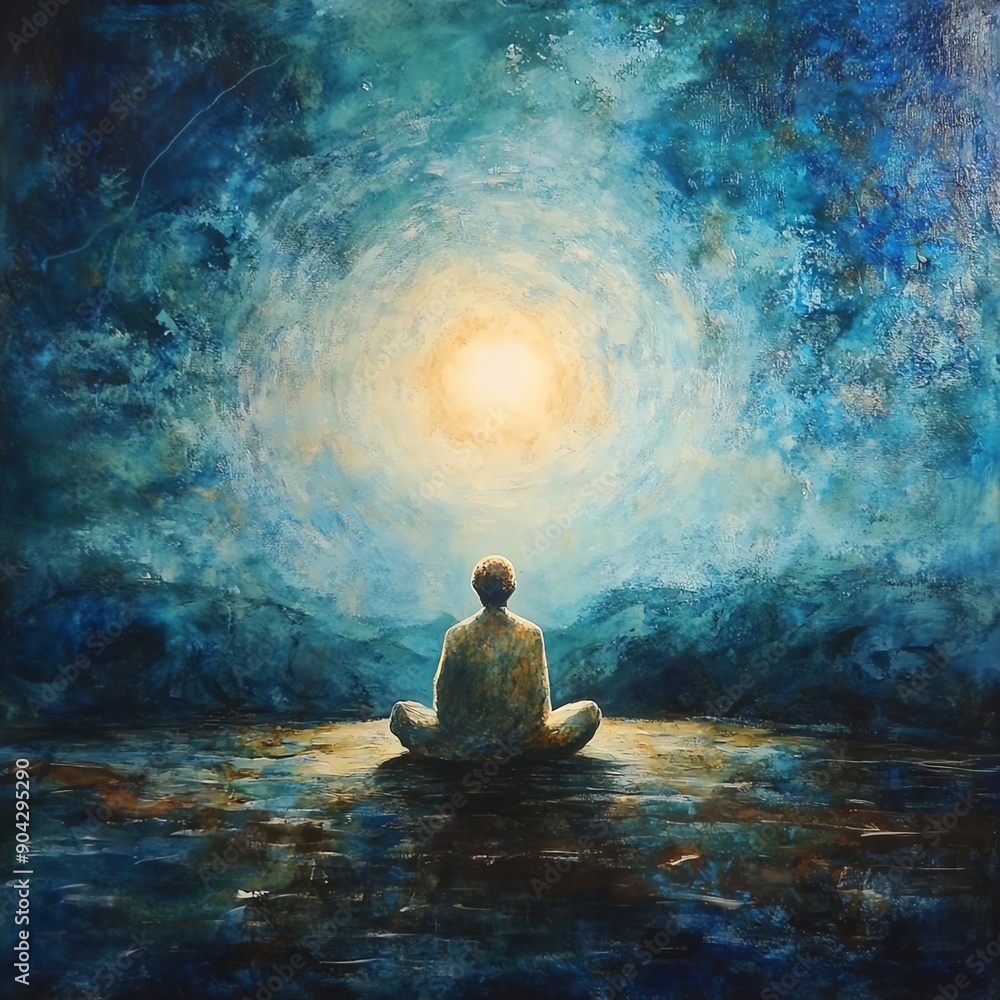 Serene painting of a person meditating under a celestial light, evoking a sense of calm, peace, and spiritual enlightenment. Serene painting of a person meditating under a celestial light, evoking a sense of calm, peace, and spiritual enlightenment.