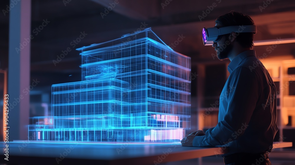 Fototapeta premium Male architect using augmented reality to visualize a 3D virtual building model in a modern workspace.