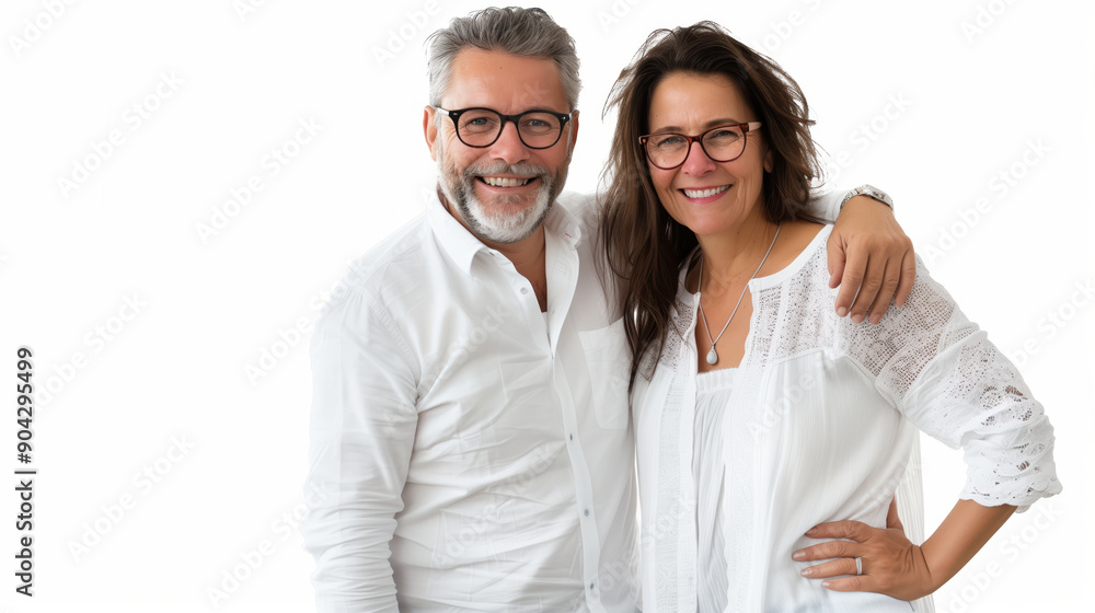 Middle-Aged Couple Smiling and Holding Hands in a Bright Studio Setting Middle-Aged Couple Smiling and Holding Hands in a Bright Studio Setting