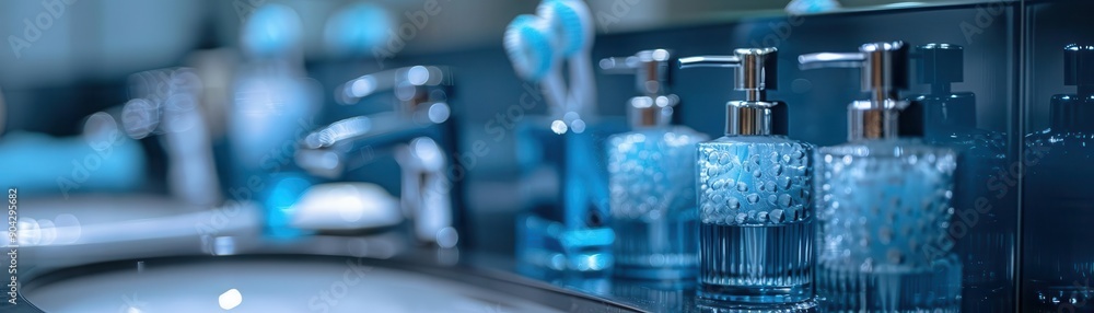 Blue Glass Soap Dispensers on Bathroom Counter. Blue Glass Soap Dispensers on Bathroom Counter.