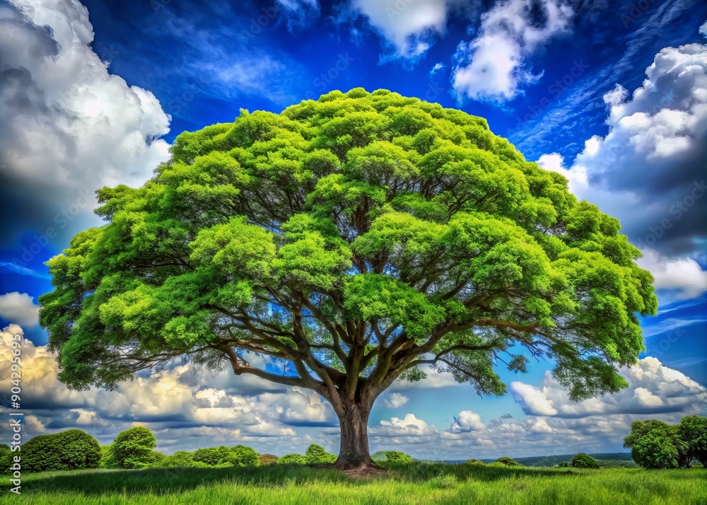Vibrant green tree with lush foliage stands tall in a serene natural setting, its branches stretching upwards towards a clear blue sky with puffy white clouds. Vibrant green tree with lush foliage stands tall in a serene natural setting, its branches stretching upwards towards a clear blue sky with puffy white clouds.