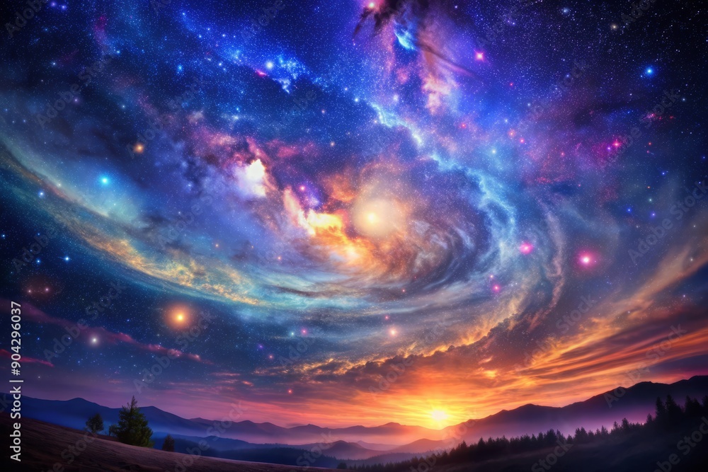 Vibrant purple and blue hues illuminate a star-filled night sky, featuring a swirling nebula with delicate tendrils and shimmering starlight against a dark background. Vibrant purple and blue hues illuminate a star-filled night sky, featuring a swirling nebula with delicate tendrils and shimmering starlight against a dark background.