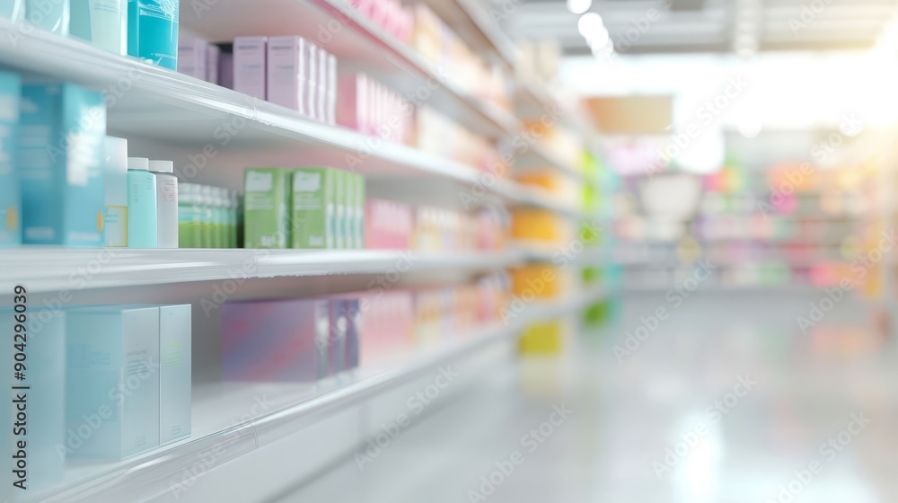 A large, empty supermarket aisle with many shelves of products A large, empty supermarket aisle with many shelves of products