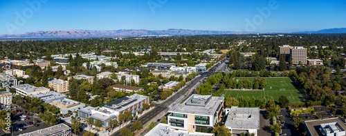 Aerial view of commercial and residential areas of Palo Alto, California toward Mountain View along El Camino Real near Page Mill Road