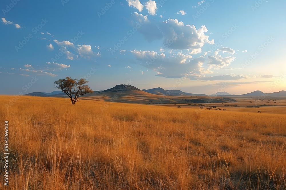 Fototapeta premium Lone Tree in African Savanna at Sunset.