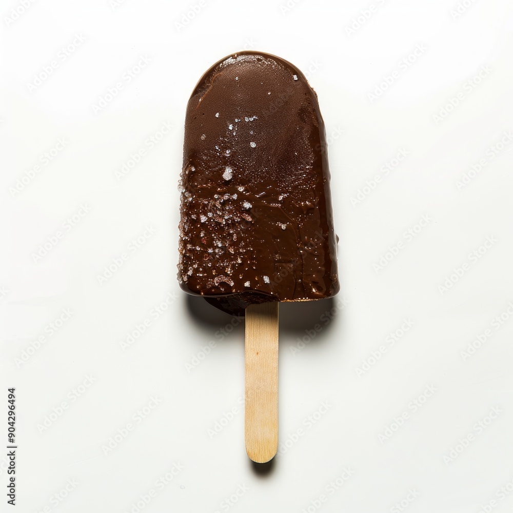 Medium shot of chocolate Ice cream on wooden stick, isolated on a white background Medium shot of chocolate Ice cream on wooden stick, isolated on a white background