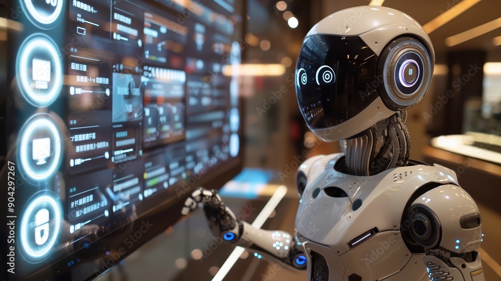 Photorealistic Robot Interacting with High-Tech Touchscreen Interface in a Modern Setting Photorealistic Robot Interacting with High-Tech Touchscreen Interface in a Modern Setting