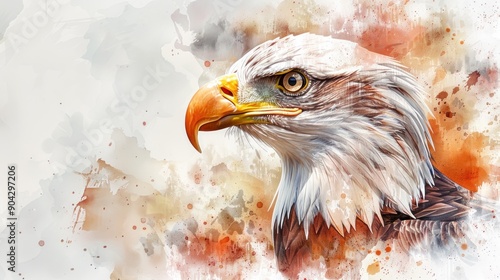 A majestic eagle in detailed watercolor, highlighting its feathers and sharp eyes. The white background enhances its regal appearance. photo