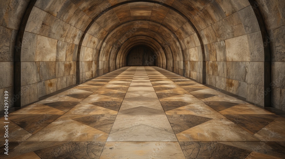 A long, dark tunnel with arched stone walls and a tiled floor, leading to a mysterious darkness at the end. A long, dark tunnel with arched stone walls and a tiled floor, leading to a mysterious darkness at the end.