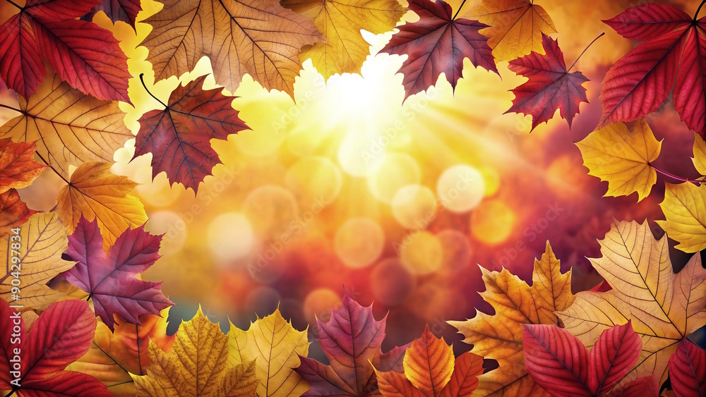 autumn leaves on glitter sun glare background, Free space for text, autumn leaves on glitter sun glare background, Free space for text,